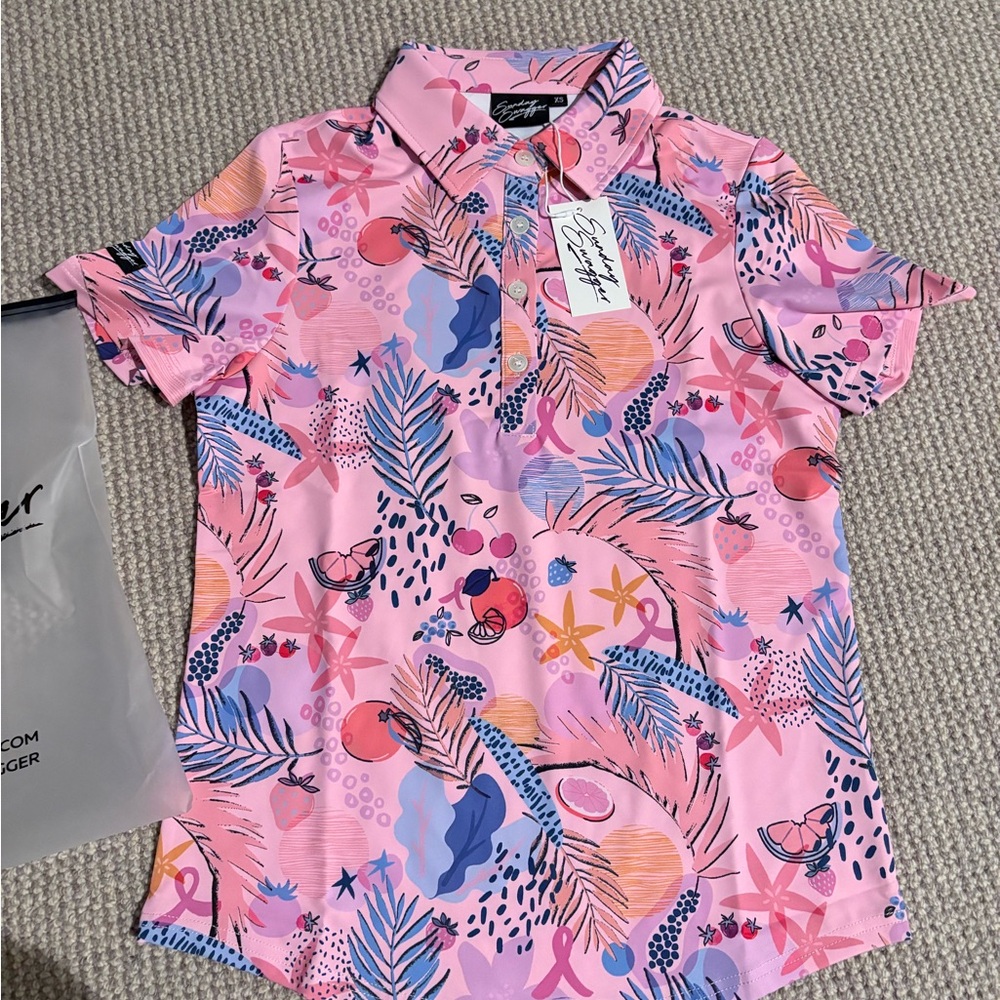 Women’s Sunday Swagger Breast Cancer edition Short Sleeve Polo Shirt NWT